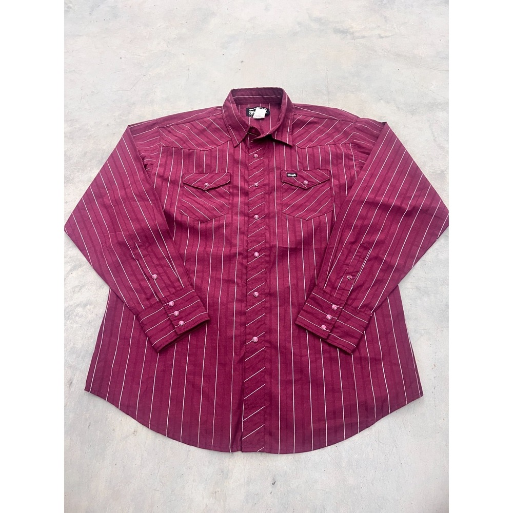 Wrangler Western Shirt Mens XL Burgundy White Stripe Pearl Snap Cowboy Casual‎